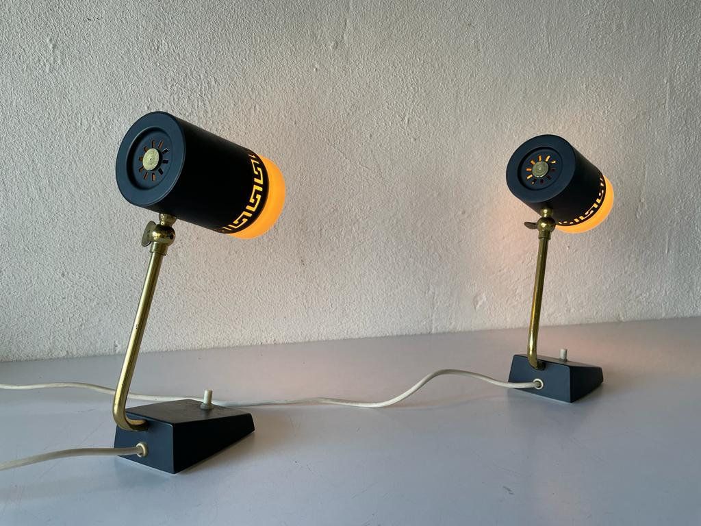 photo for sale Mid Century Black Metal & Glass Pair Of Bedside Lamps, 1950s, Germany
