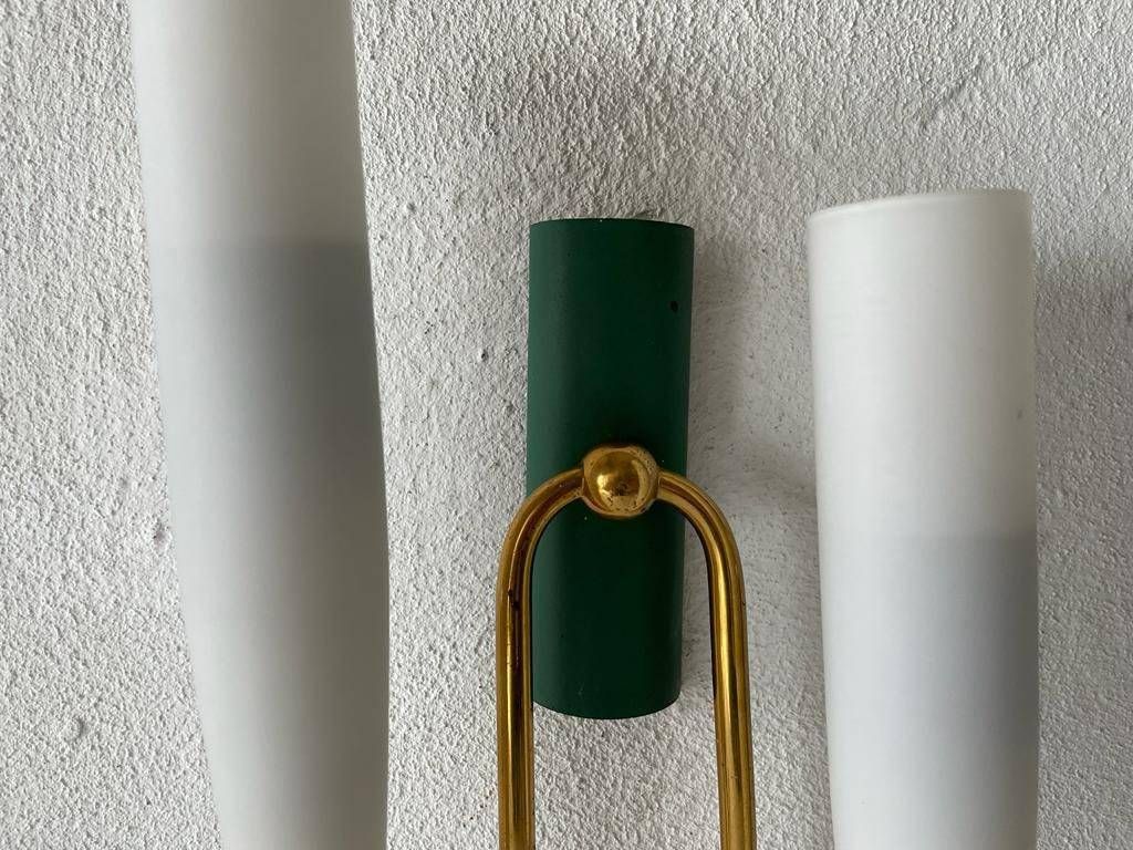 Mid Century Double Long Opal Glass & Green Metal Single Sconce, 1960s, Italy photo vinterior