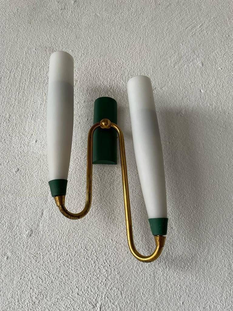 photo furniture Mid Century Double Long Opal Glass & Green Metal Single Sconce, 1960s, Italy