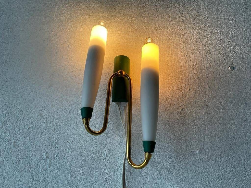 photo for sale Mid Century Double Long Opal Glass & Green Metal Single Sconce, 1960s, Italy