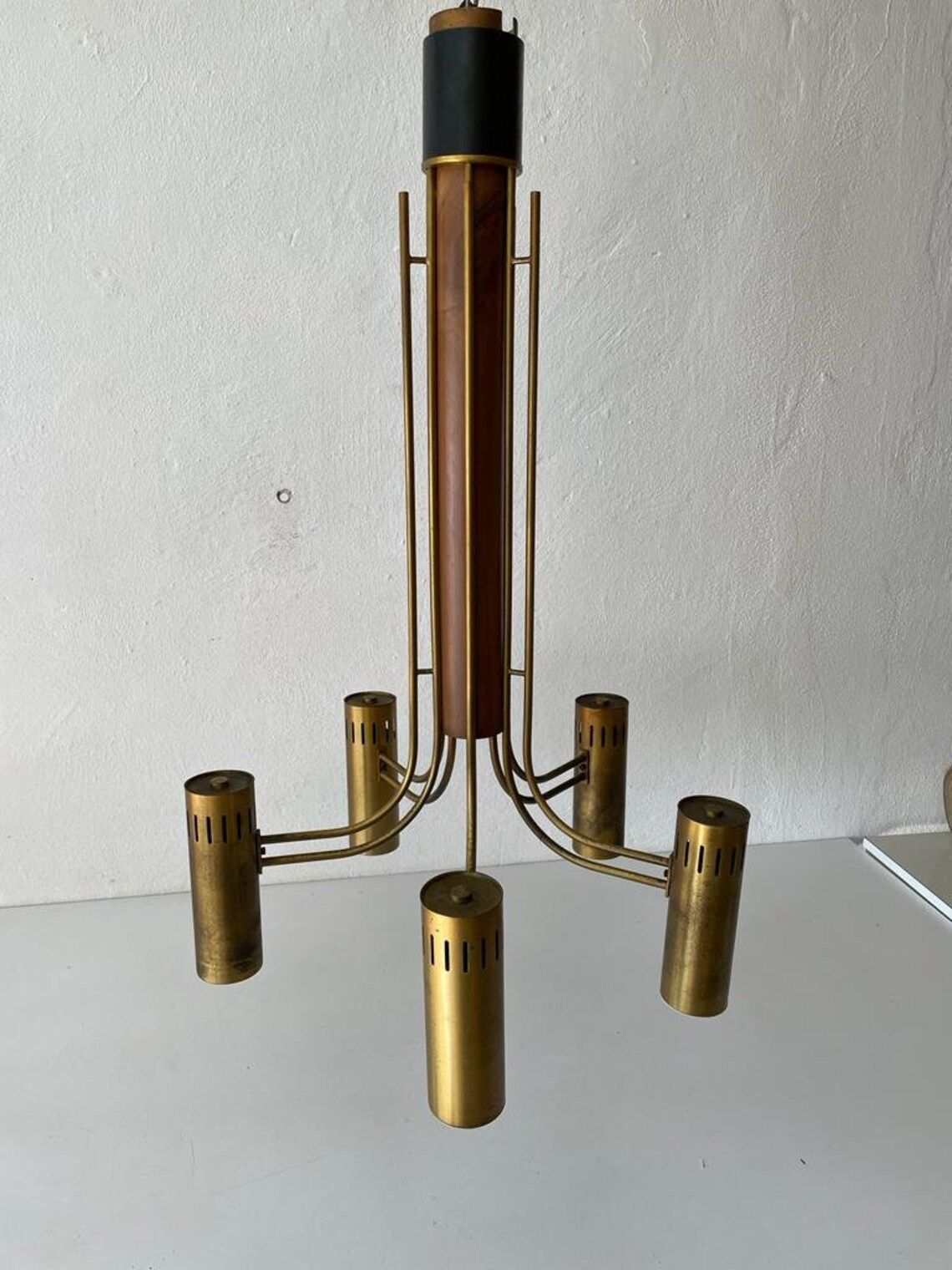 Exclusive 5 Armed Brass And Wood Flush Mount Chandelier Angelo Brotto For Esperia 1970s Italy photo 3760.92