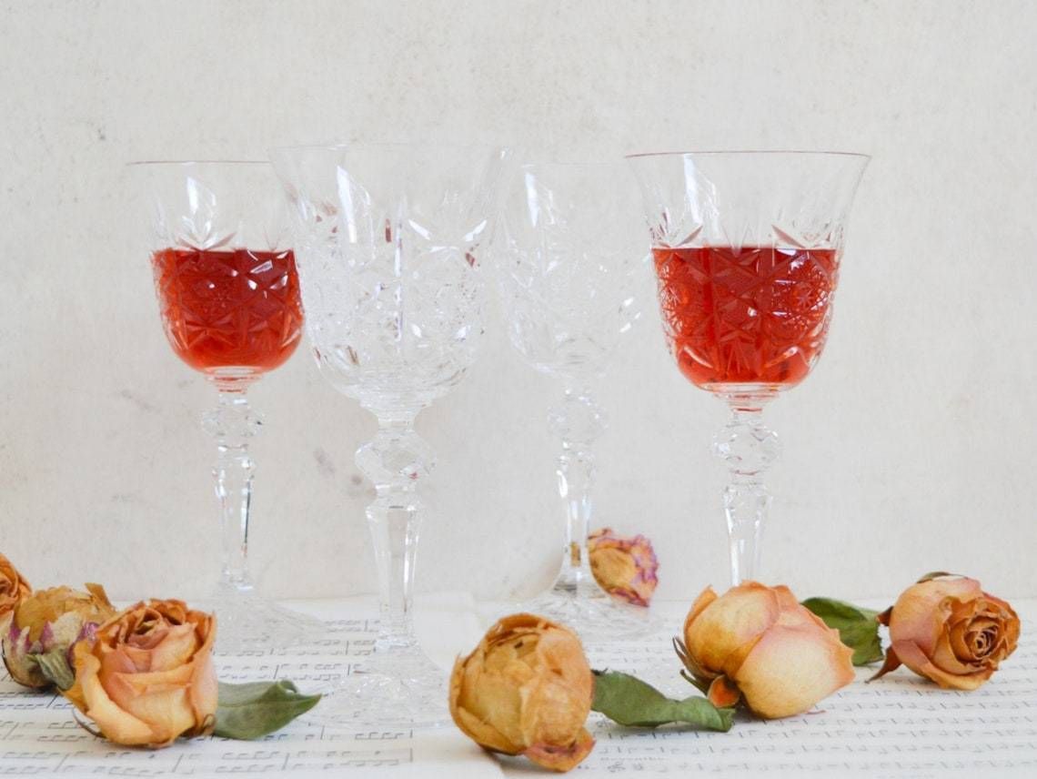 Rare Vintage Set Of 4 Cut Diamond Port Glasses Clear Embossed Crystal Glasses With Diamond Cut On Stem, Four Cut Crystal Sherry Glasses