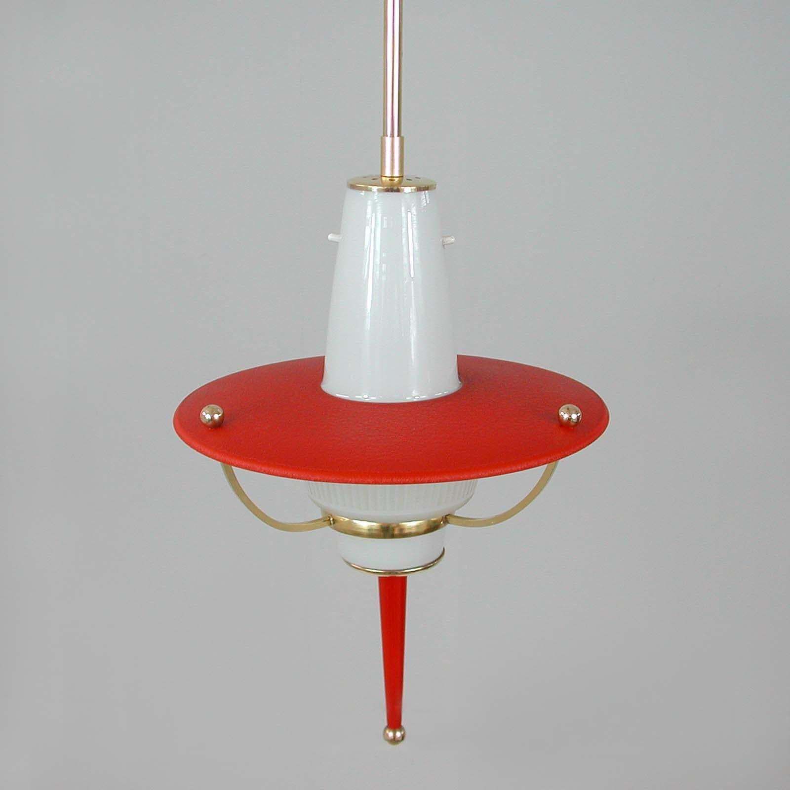 Modernist 1950s Italian Red Lantern, Milk Glass & Brass photo vinterior