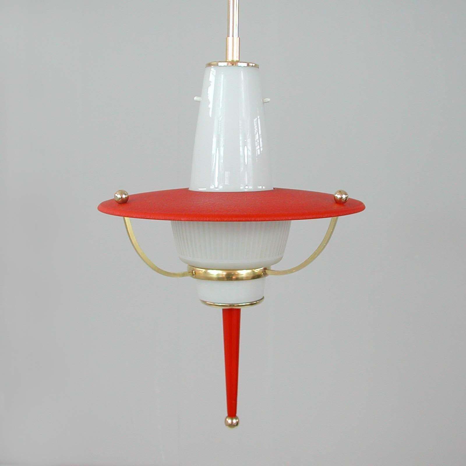 Modernist 1950s Italian Red Lantern, Milk Glass & Brass photo vintage