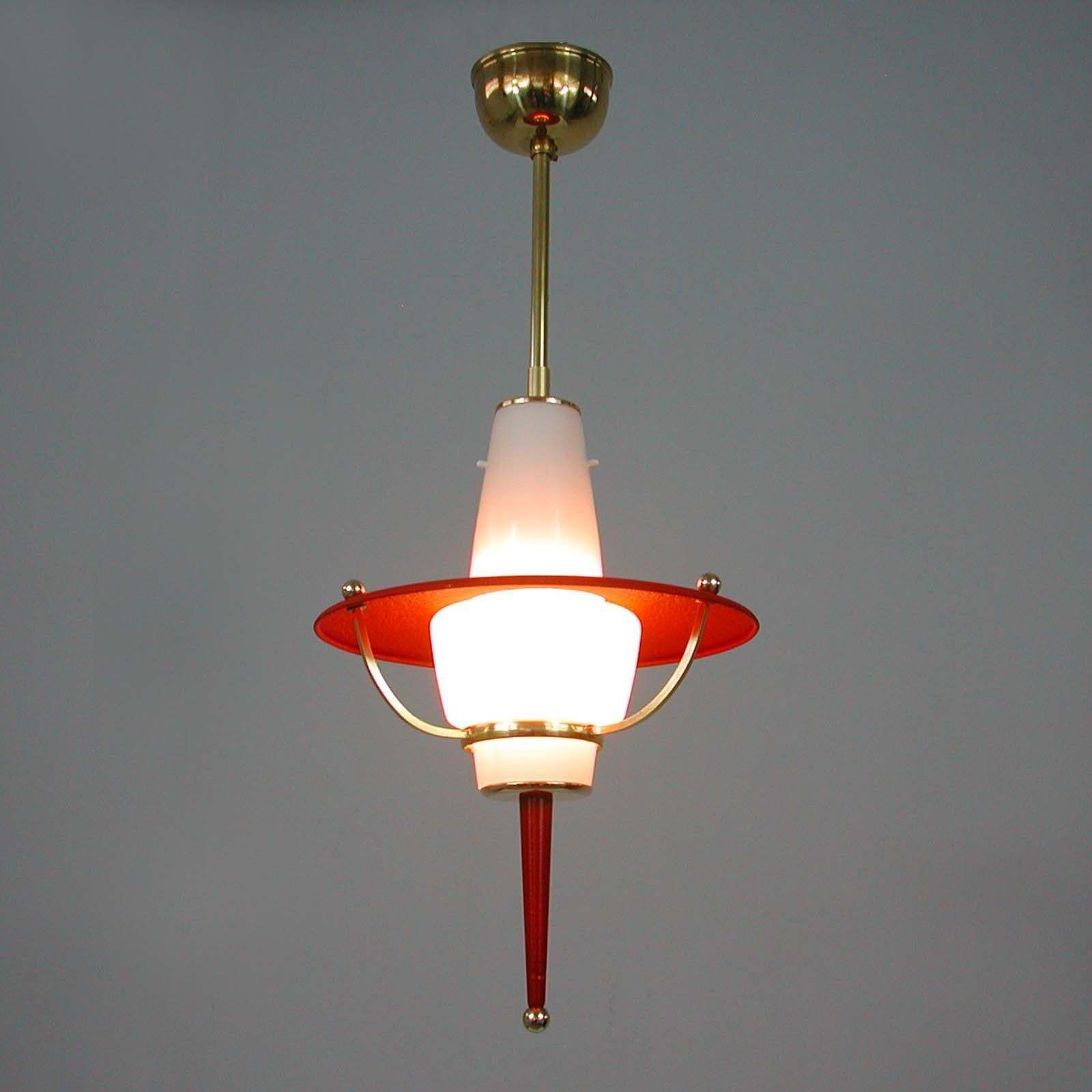 photo vinterior Modernist 1950s Italian Red Lantern, Milk Glass & Brass