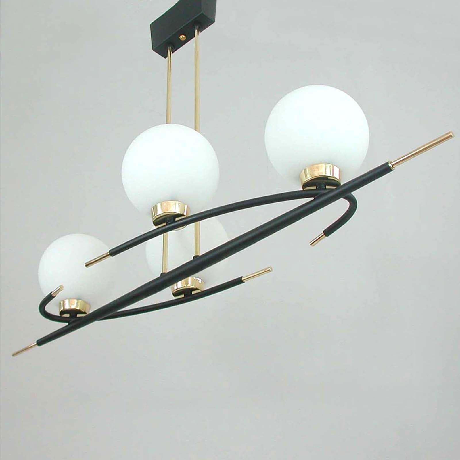 French Maison Arlus Brass And Opaline Glass Chandelier, 1960s photo vintage