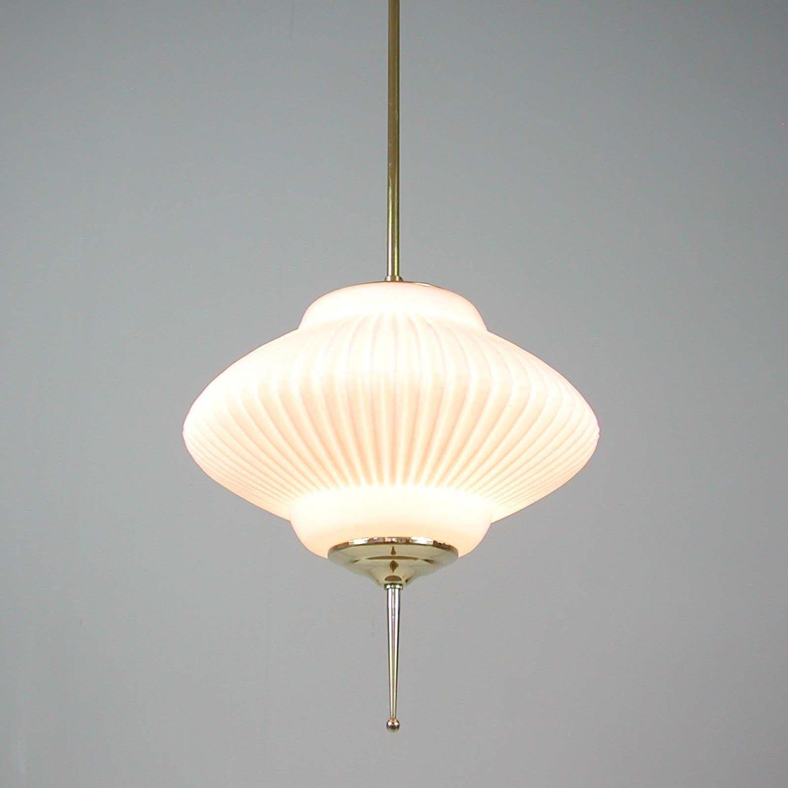 photo furniture Midcentury Ribbed Milk Glass & Brass Globe Pendant, Stilnovo 'Attr.'