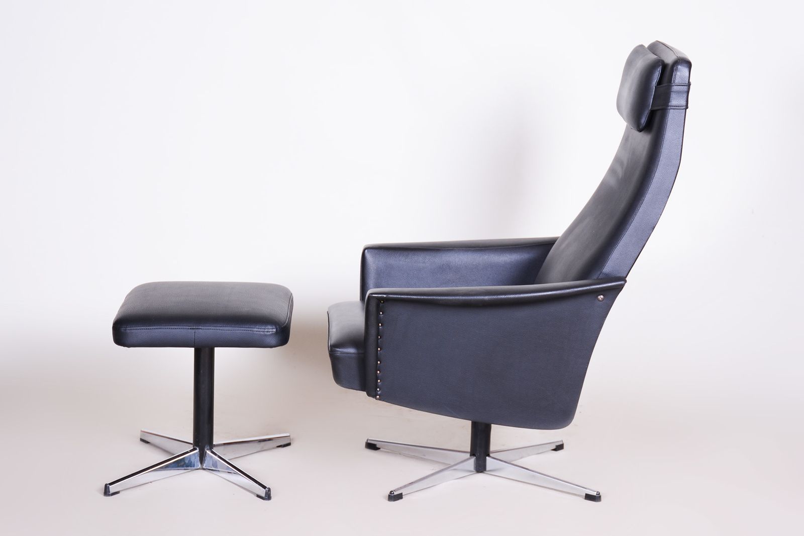 Vegan Leather Bauhaus Swivel Chair With Foot Stool. Made In 1960s Czechia photo vintage