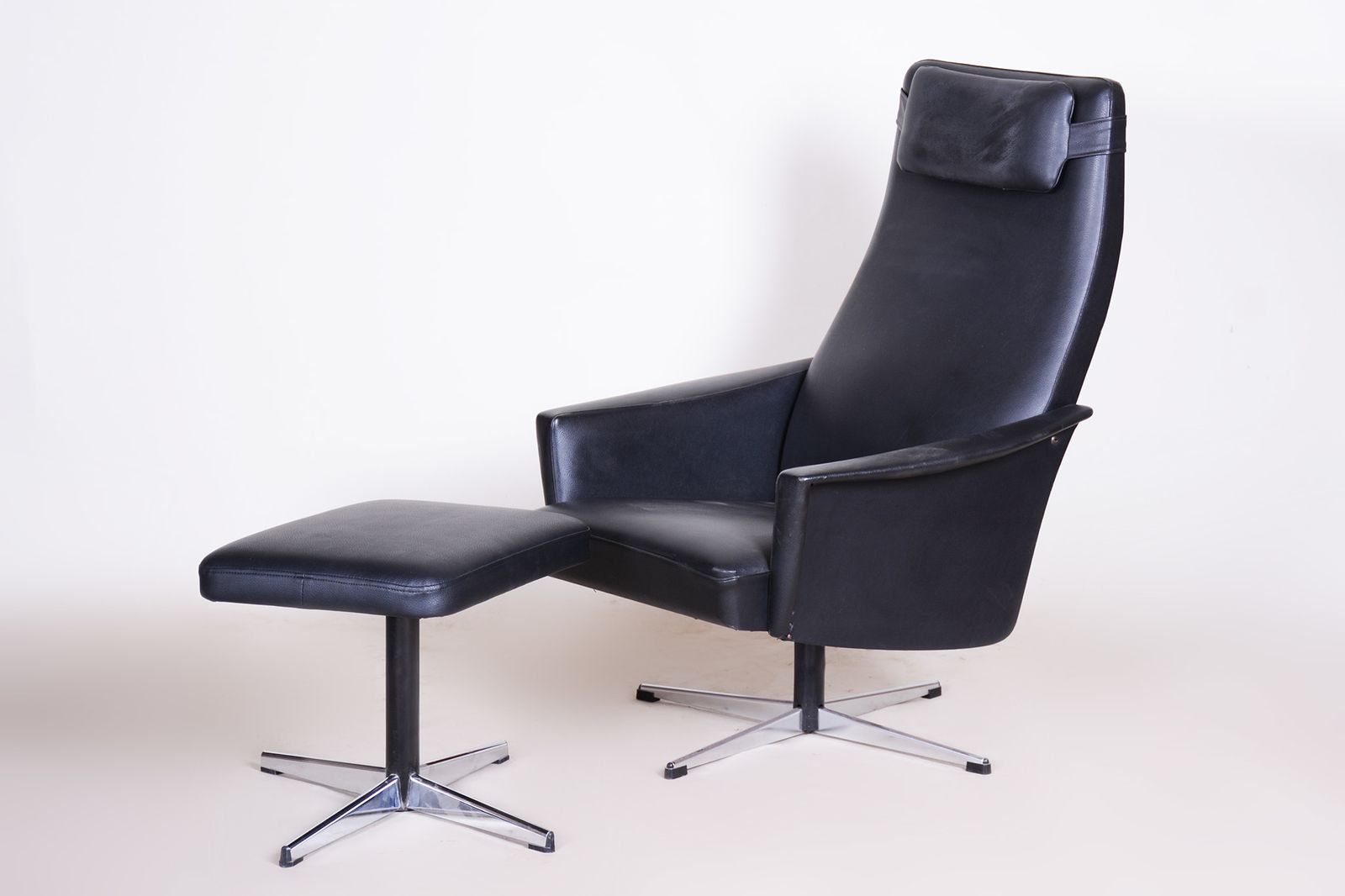 Vegan Leather Bauhaus Swivel Chair With Foot Stool. Made In 1960s Czechia