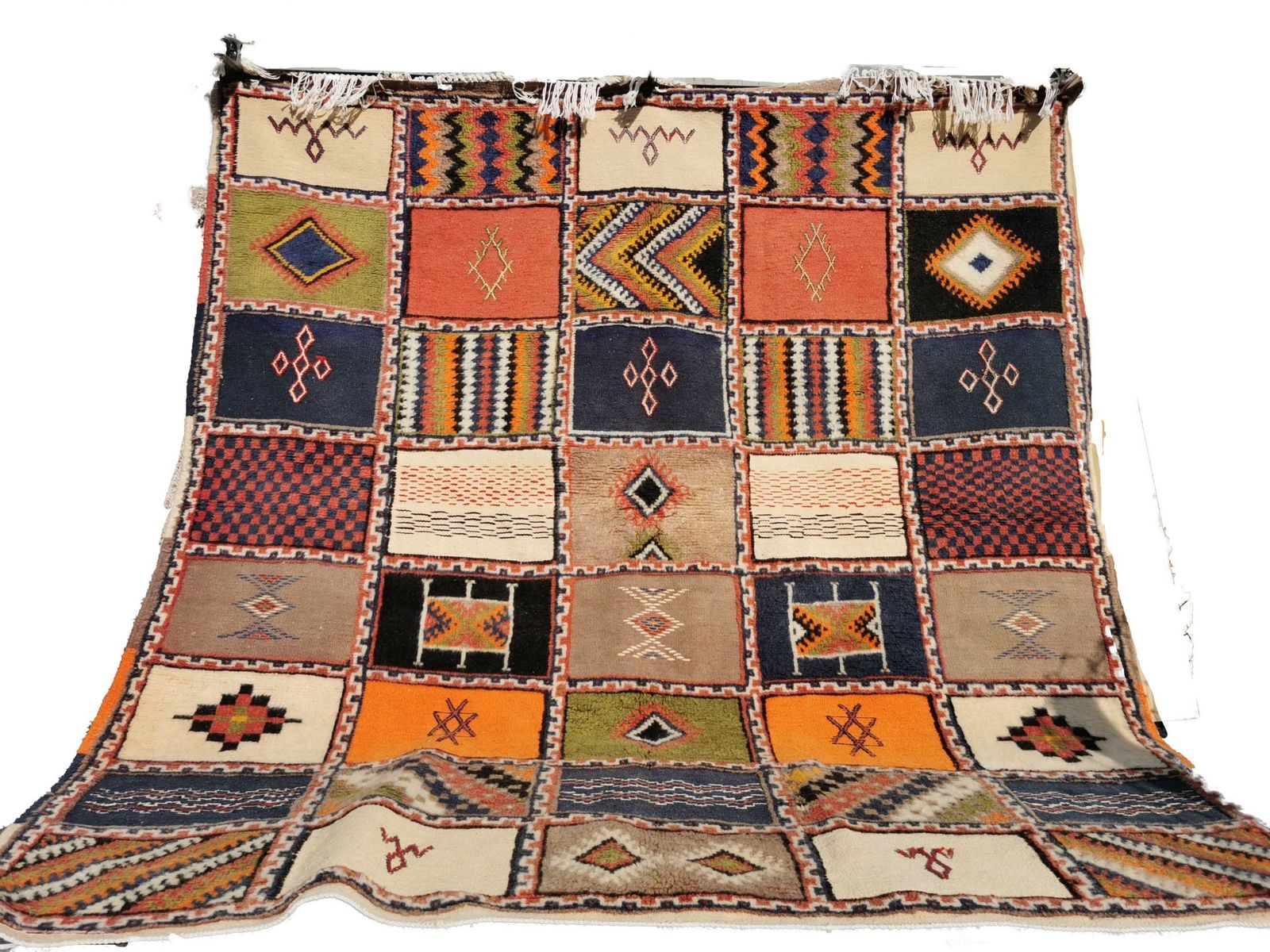 Vibrant Moroccan Square Berber Rug Hand Woven Camel Hair.