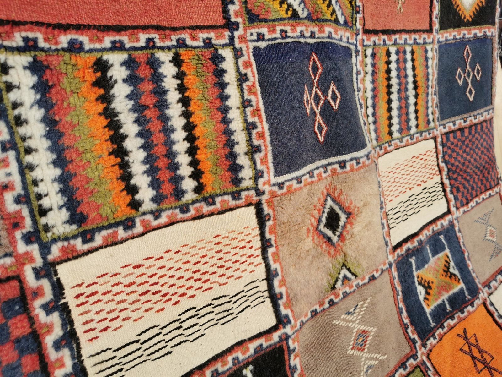 Vibrant Moroccan Square Berber Rug Hand Woven Camel Hair. photo vintage