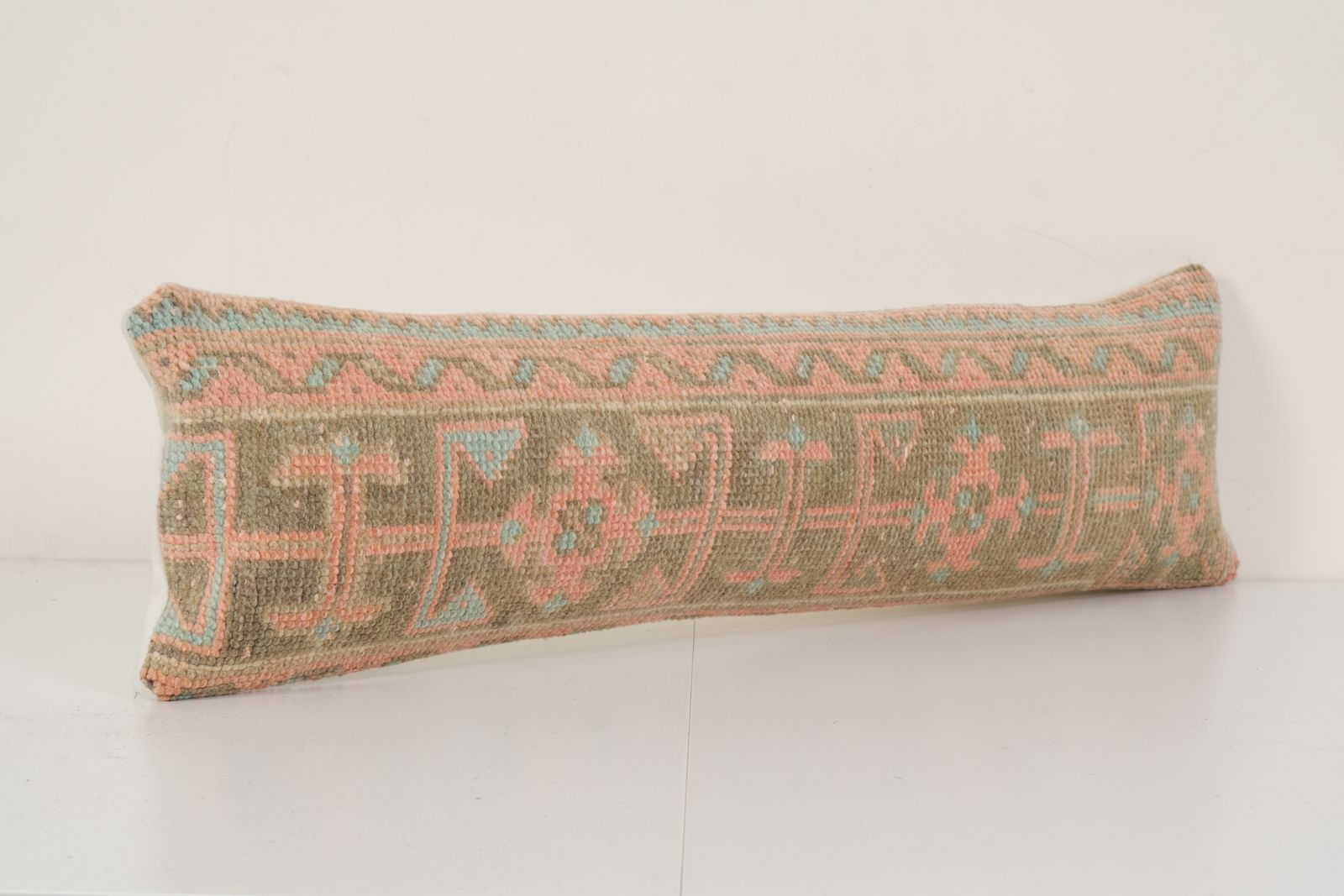 Bohemian Bedding  Pillow Cover, Faded Long Turkish Lumbar Pillow With Mid Century Design, Boho Wool Woven Hippie Pillow 8" X 34" photo for sale