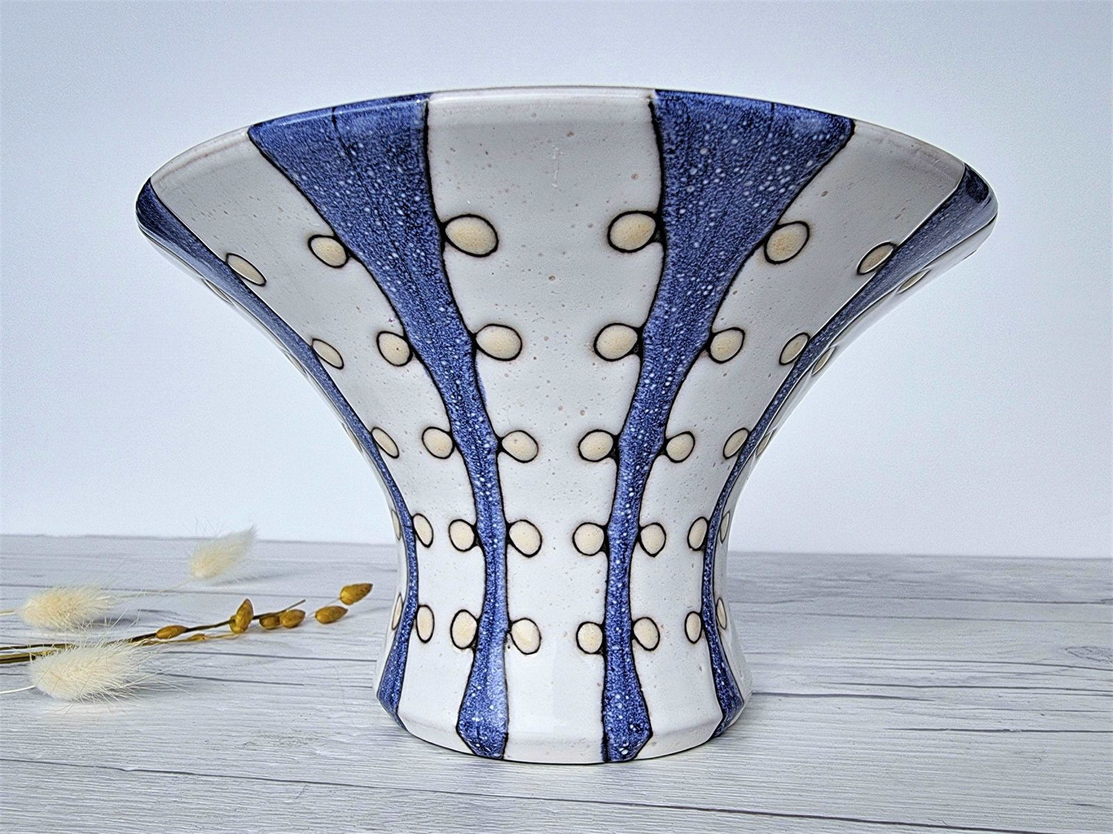 Mari Simmulson For Upsala Ekeby, 1956 57 Iris Series, Blue And White Stripe Polka, Wide Brim Vase photo for sale