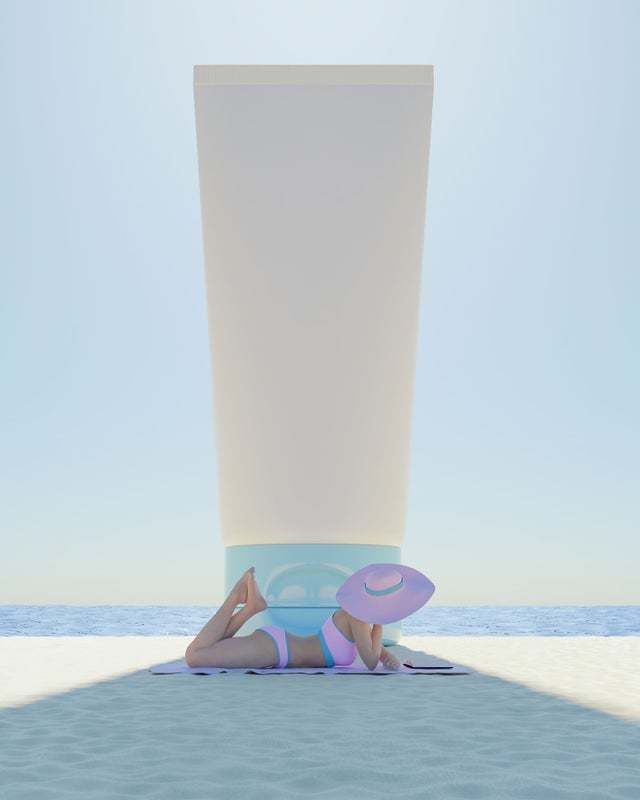 "Giant Sunscreen Canister Shading Woman Lying On The Beach" By Antoniosolano