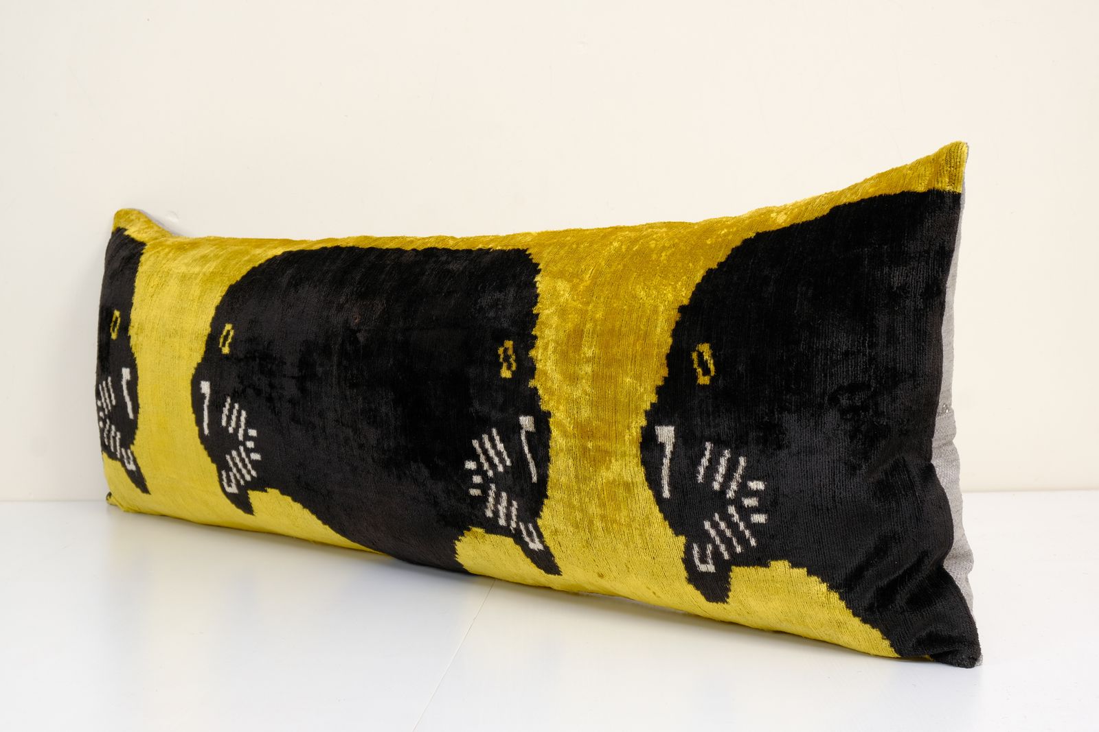 16" X 46" Panther Ikat Velvet Pillow, Silk Lumbar Cushion Cover, Extra Long Animal Velvet Pillow Cover, Boho Pillow photo furniture