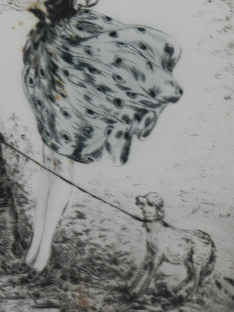 Lady With Lamb Signed By Kaby Engraving C1920 French photo vintage