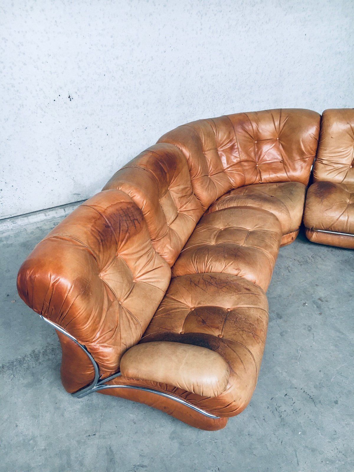 photo vintage Mid Century Modern Italiaans Design Leren Hoekbank Van Ipe, Italië, Jaren 1970
