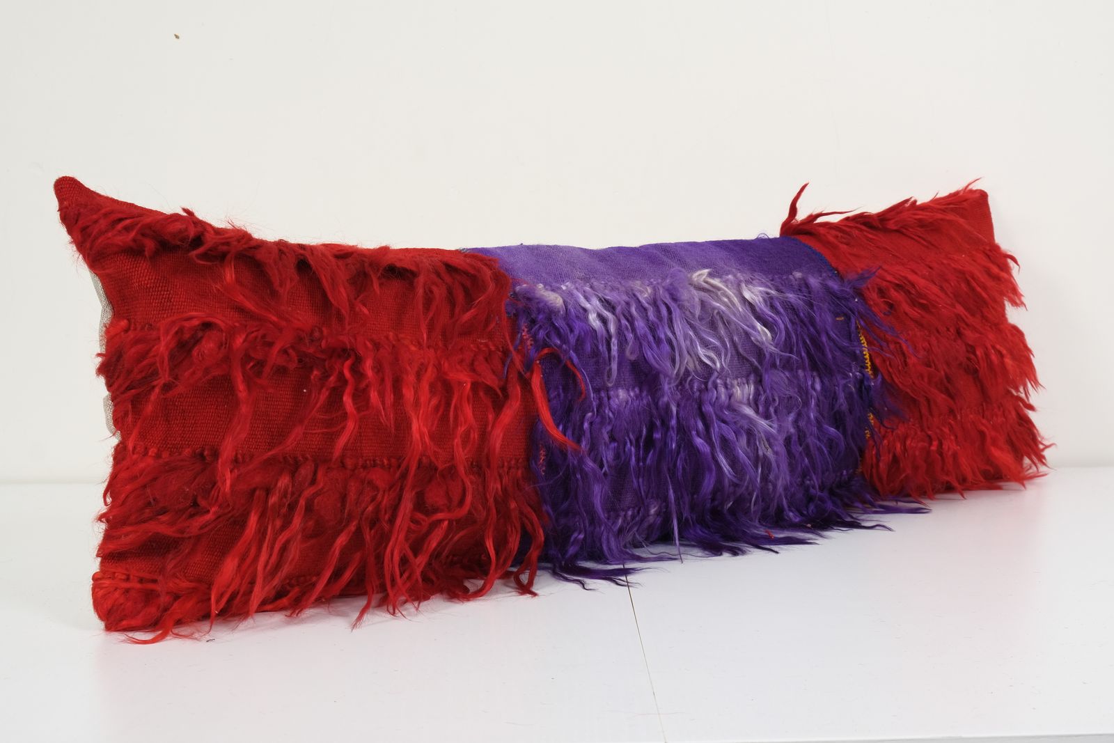 Vintage Turkish Shaggy Pillow, Home Decor Tulu Bedding Red Wool Pillow Cases Fashioned From A Mid 20th Century Tulu Rug 14" X 42" photo for sale