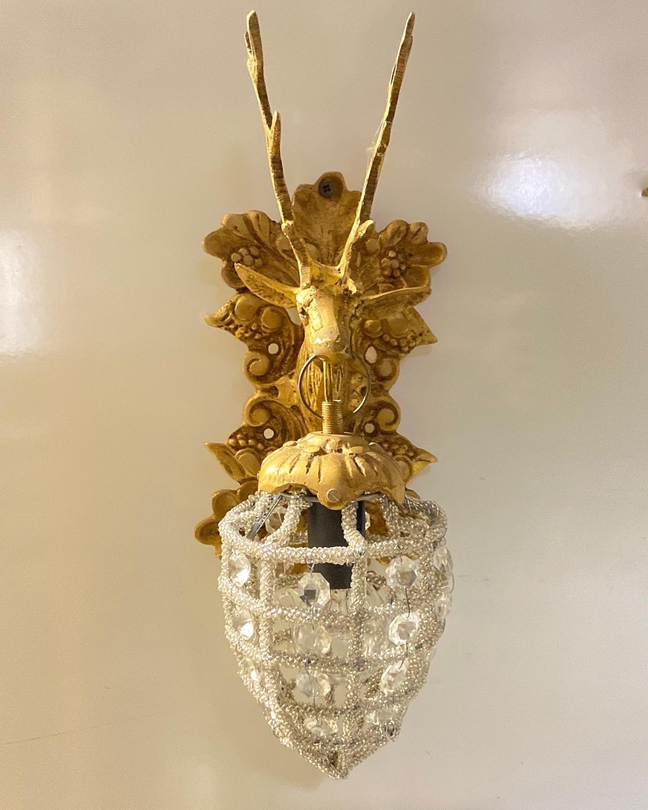 Stag Head Crystal Basket Sconces Set Of 2 photo for sale