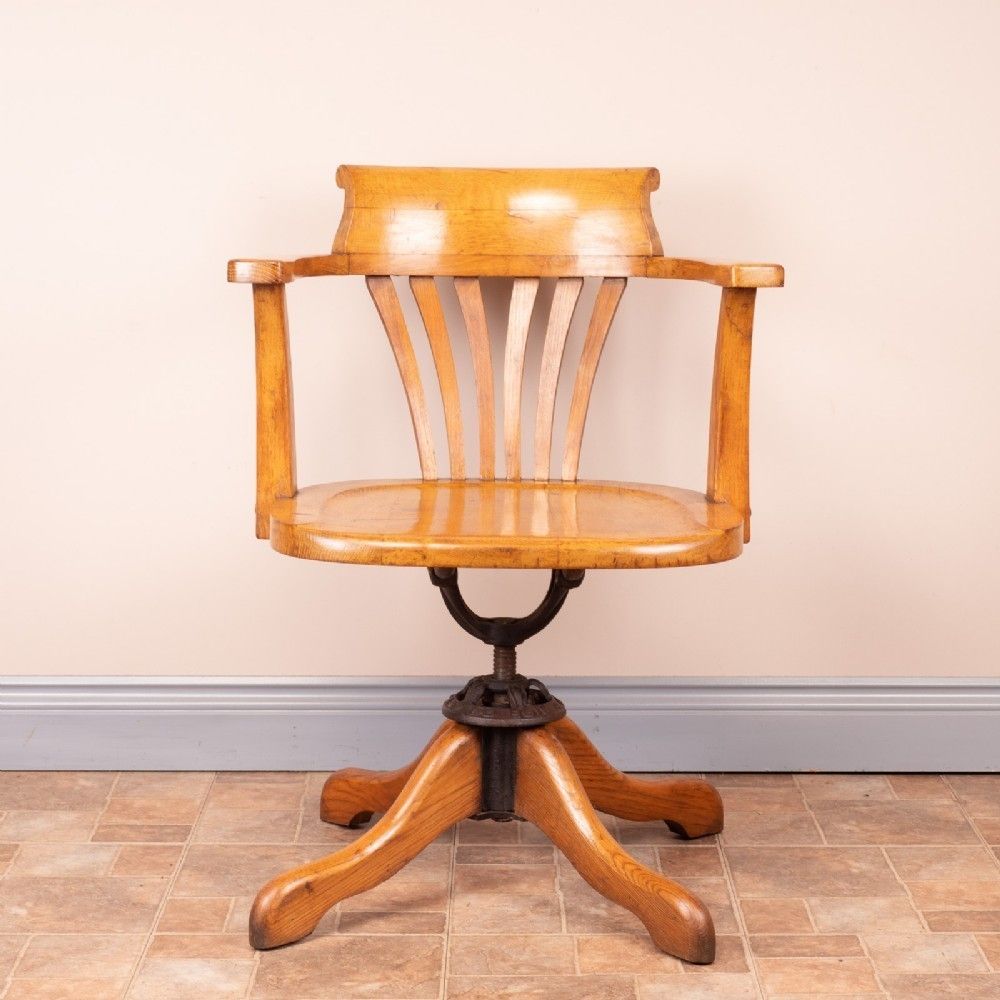 Oak Revolving Office Desk Chair With Wooden Seat