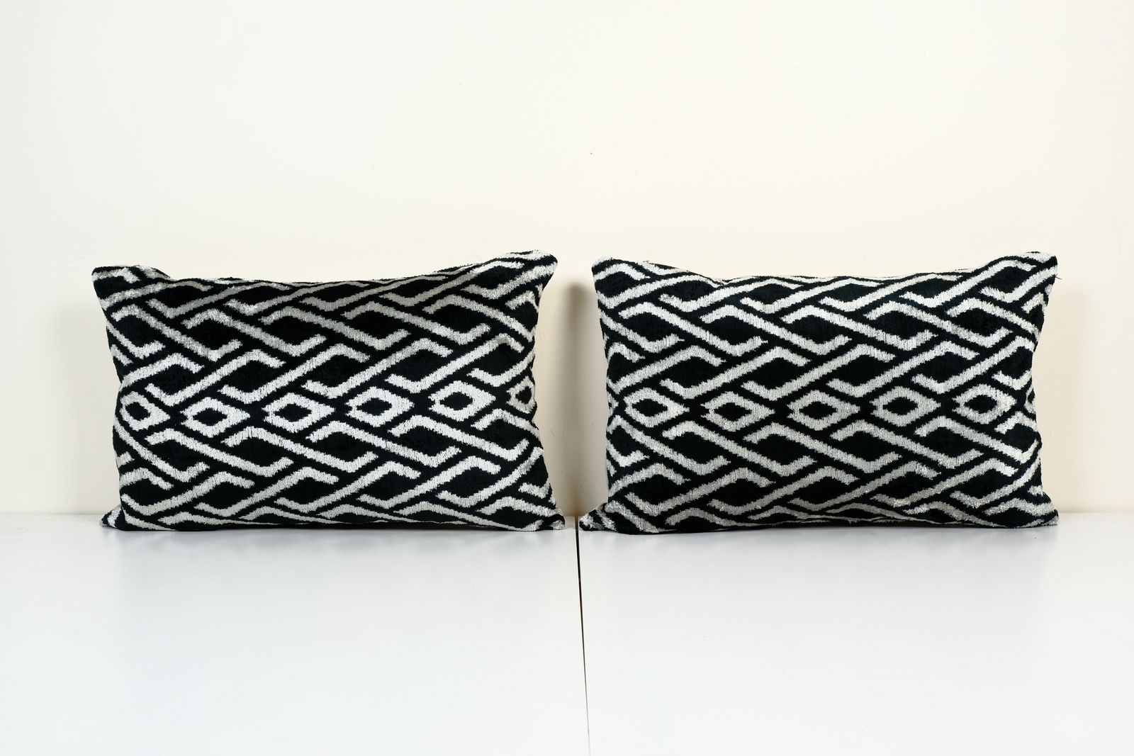 Matching Ikat Velvet Pillow Cover, Set Of Two Geometric Design Silk Lumbar Pillow Cover, Black And Beige Boho Chic Uzbek Pillow 16" X 24"