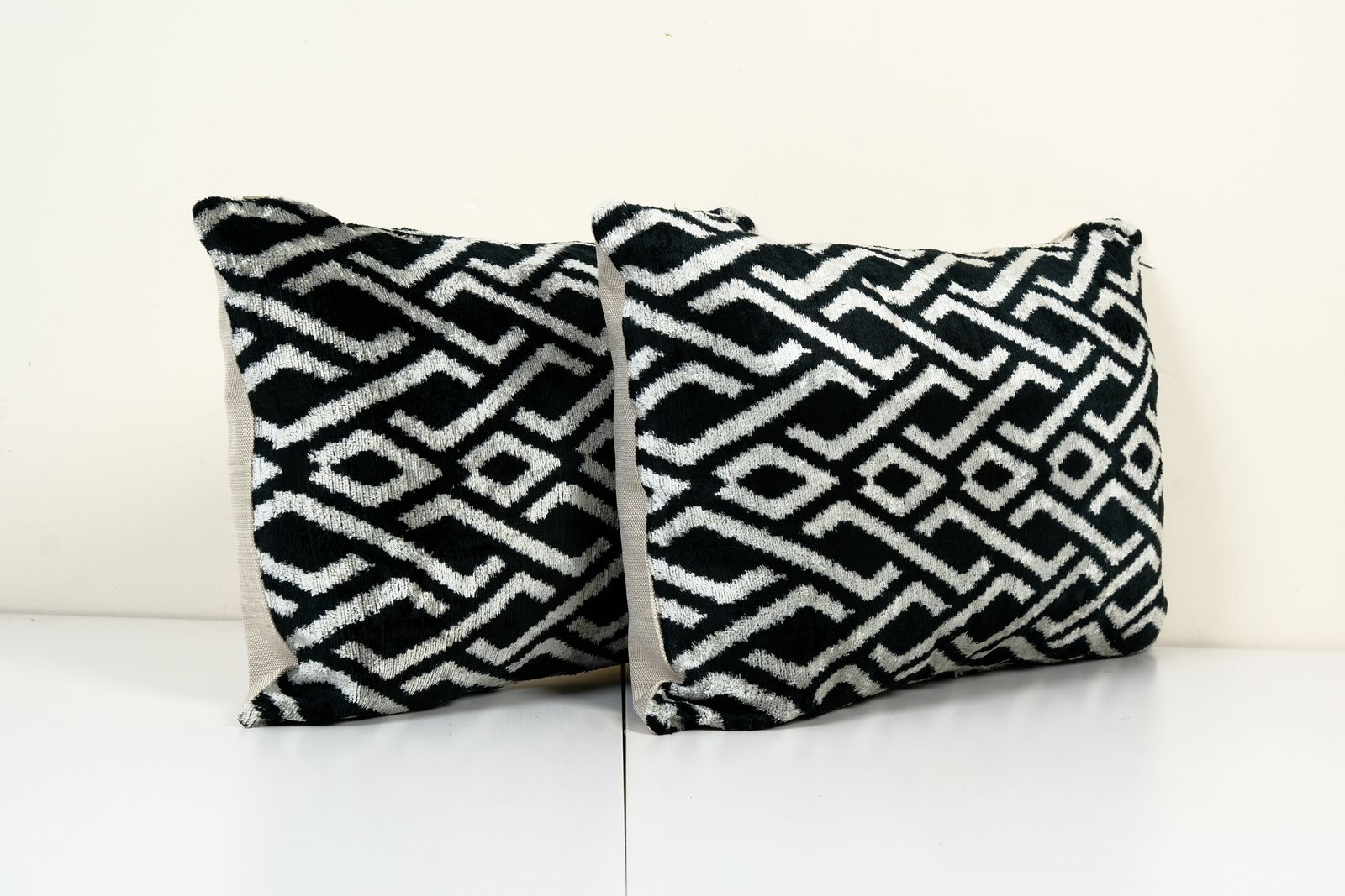 Matching Ikat Velvet Pillow Cover, Set Of Two Geometric Design Silk Lumbar Pillow Cover, Black And Beige Boho Chic Uzbek Pillow 16" X 24" photo Textiles