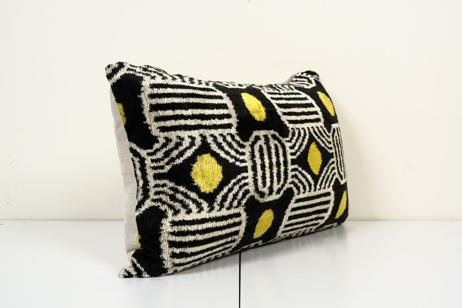 Silk Ikat Velvet Pillow Cover, Black And Yellow Motif Ikat Lumbar Pillow Cover 16" X 24" photo furniture