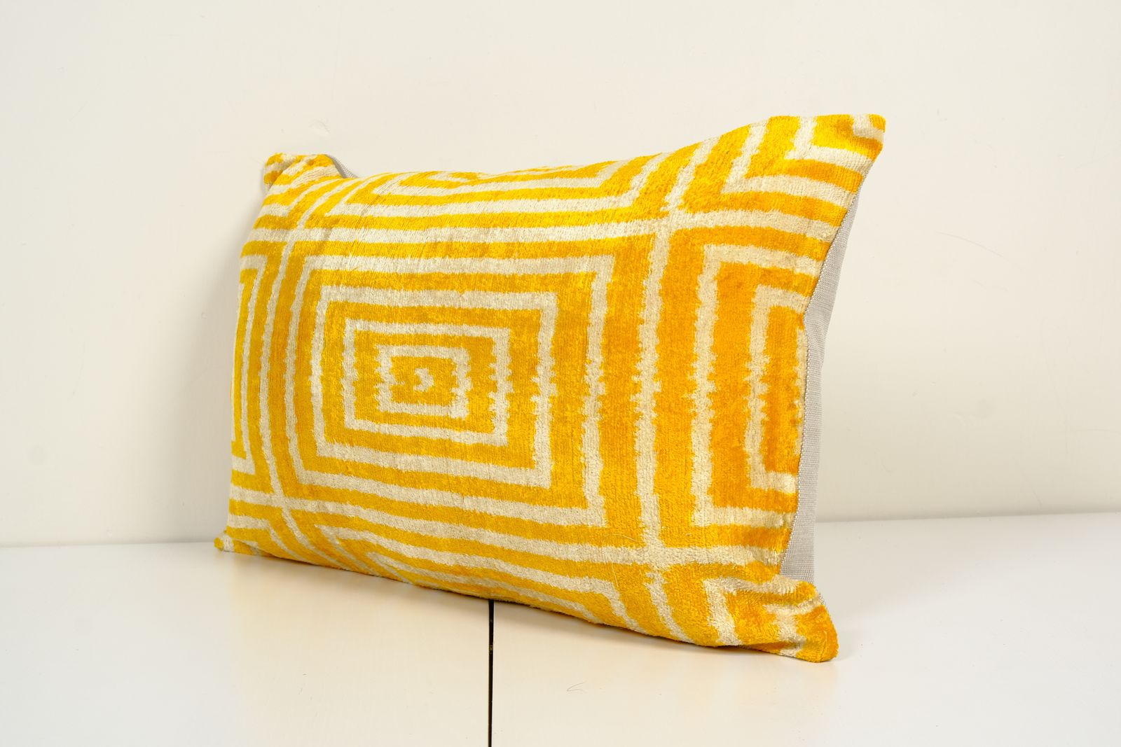 16" X 24" Christmas Day Gift Pillow, Silk Ikat Velvet Pillow, Ethnic Ikat Lumbar Pillowcase, Yellow Labyrinth Geometric Velvet Cushion photo furniture