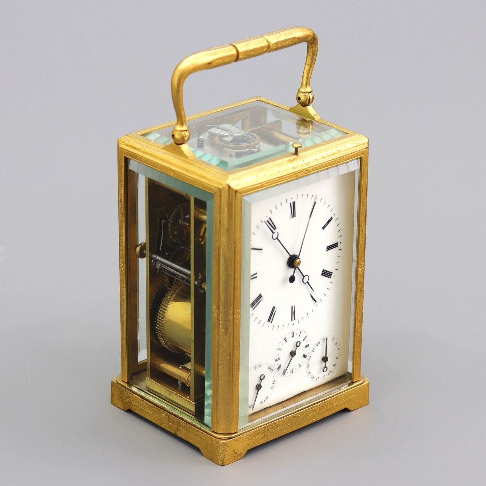 Engraved Gilt Centre Seconds Calendar Alarm Carriage Clock By Japy Freres C1860 photo for sale