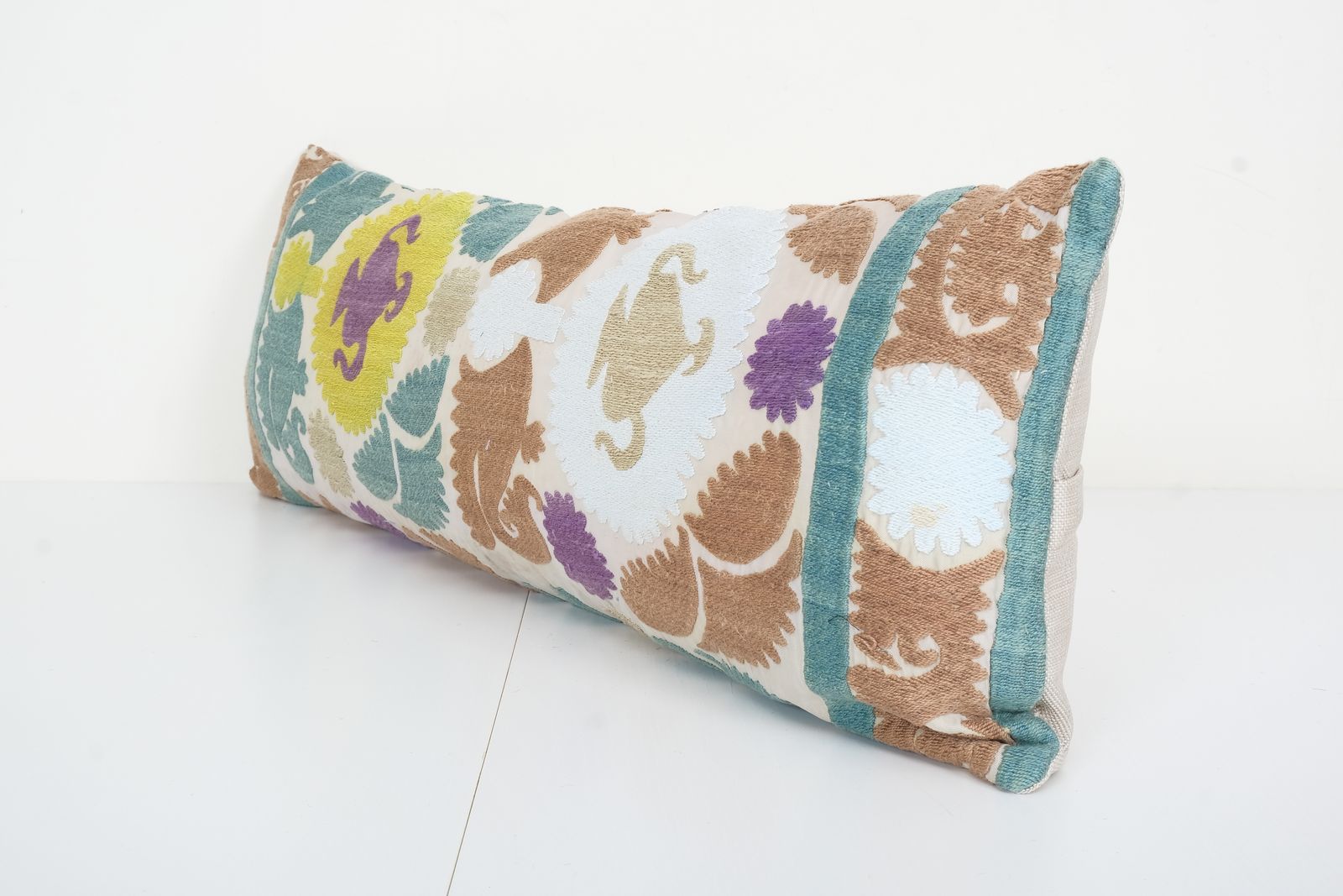 10" X 30" Uzbek Colorful Suzani Cushion Cover, Suzani Pillow Case Made From A 19th Century Suzani, Extra Long Ethnic Hippiecover photo for sale