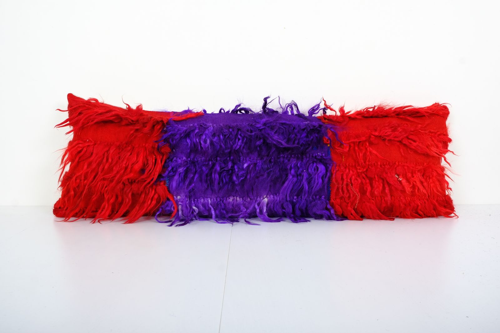 Organic Wool Extra Long Turkish Shaggy Pillow, Tulu  Cover, Red Pillow Cases Fashioned From A Mid 20th Century Tulu  12" X 40"
