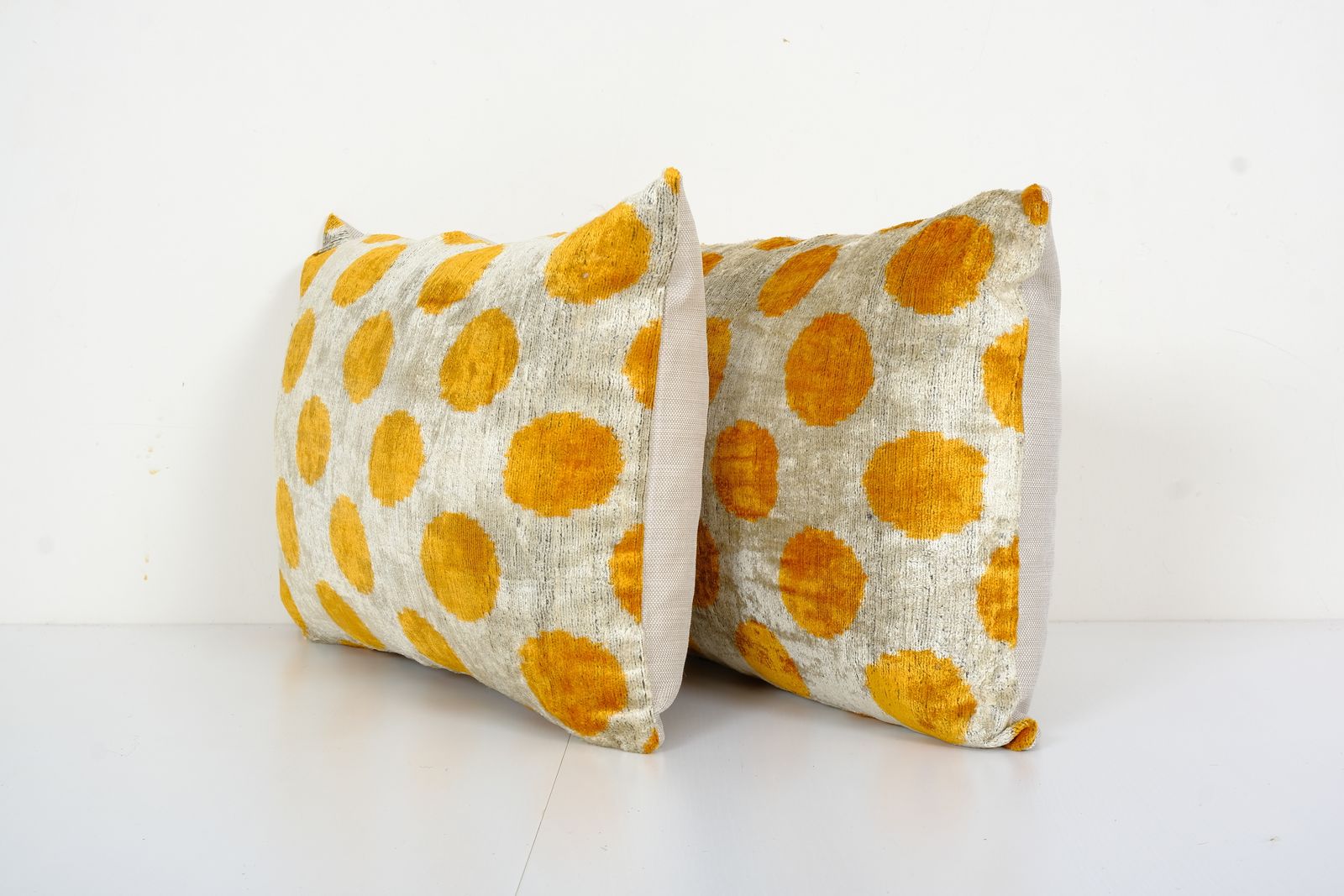 Yellow Silk Ikat Velvet Pillow Cover, Pair Polka Dot Ikat Lumbar Cushion Cover, Decorative Pillowcase 16" X 24" photo for sale