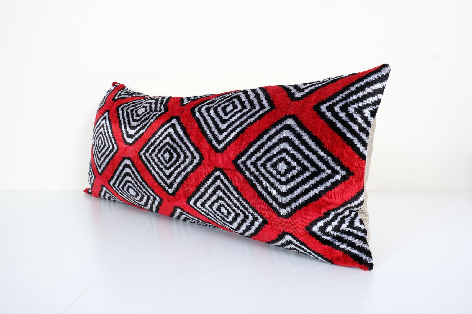 Red Silk Ikat Velvet Pillow, Extra Long Ikat  Cover With Geometrical Design, Hippie  Pillow 15" X 40" photo 110.0
