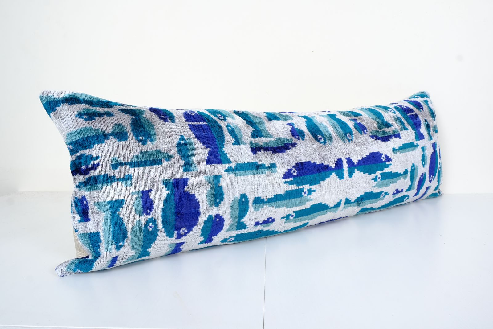 Extra Long Silk Ikat Velvet Pillow With Fish Motifs, Turquoise Velvet Oversize Cushion Cover, Ikat Velvet Bedding Pillow 16" X 48" photo vinterior