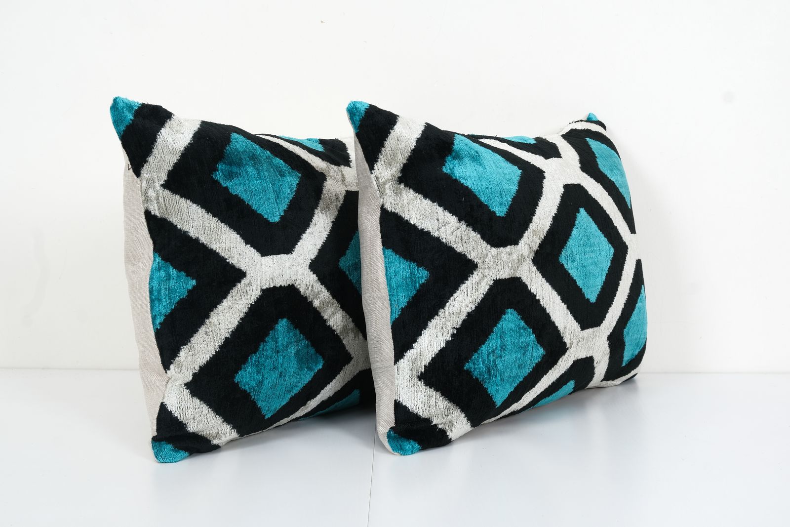 Blue Silk Ikat Velvet Pillow Cover, Pair Handloom Ikat Lumbar Cushion Cover, Matching Decorative Pillowcase 16" X 22" photo furniture