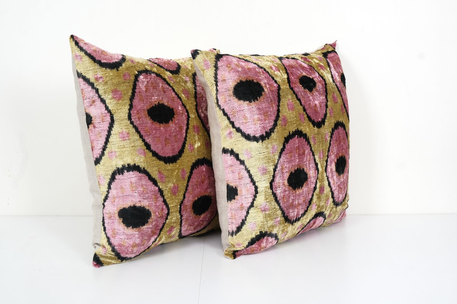 Pink Silk Ikat Pillow    Set Of Two Uzbek Ikat Velvet Cushion 22" X 22" photo for sale