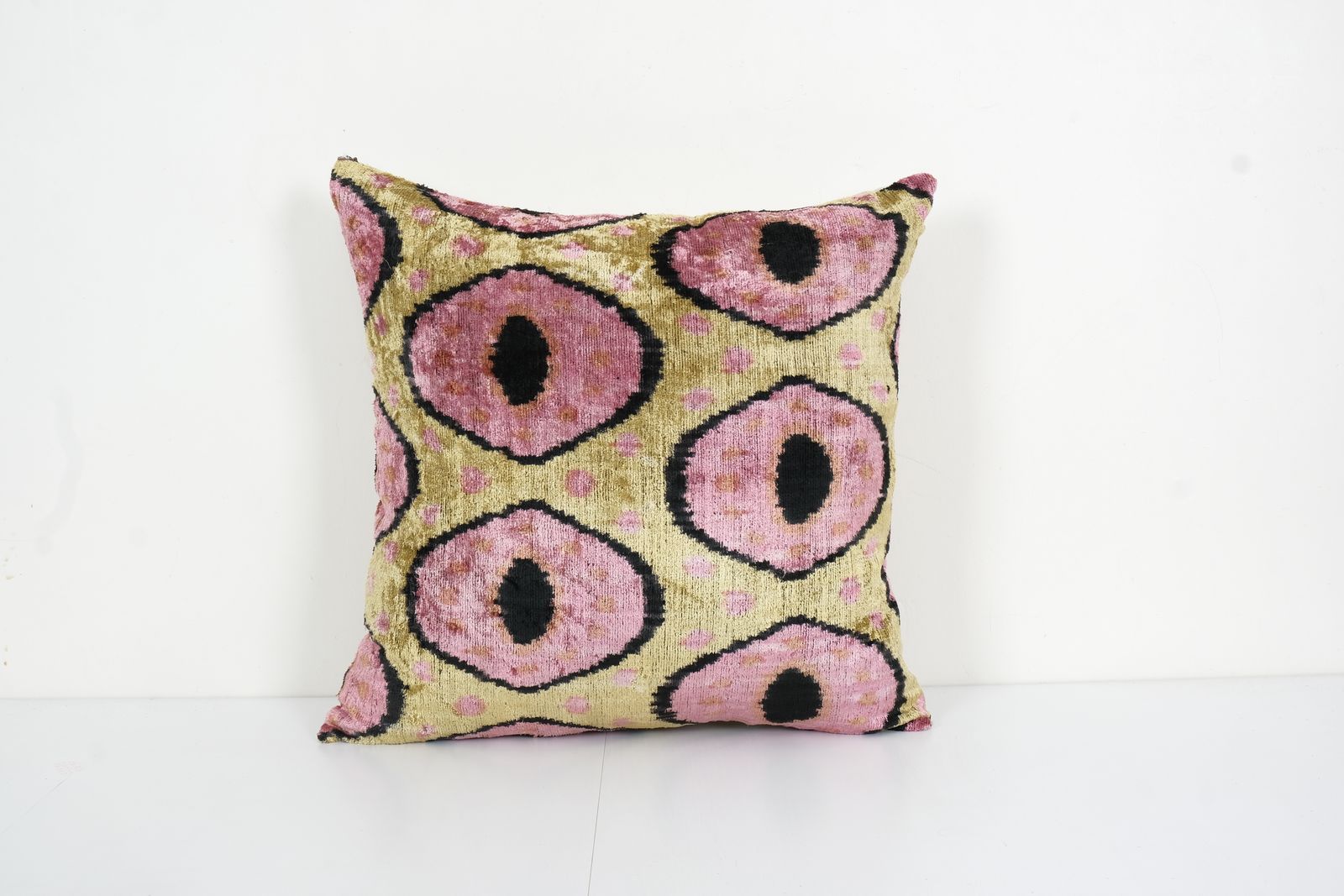 Pink Silk Ikat Velvet Pillow, Christmas Gift Cushion, Tribal Square Silk Ikat Pillow 20" X 20"