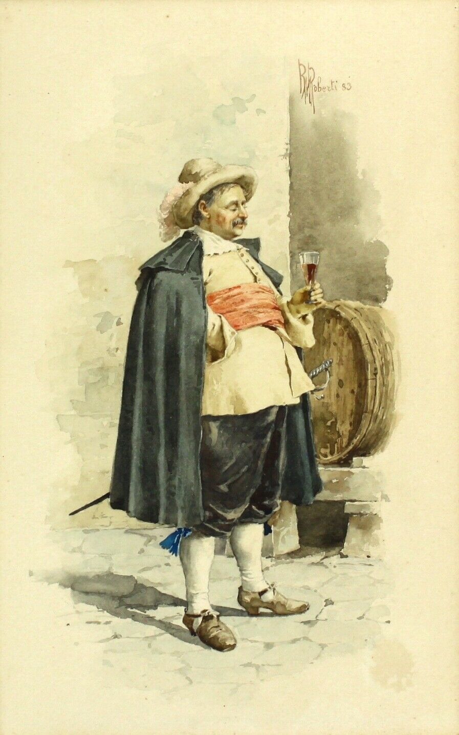 Watercolour By R M Roberti. An Italian Signore Drinking Wine photo furniture