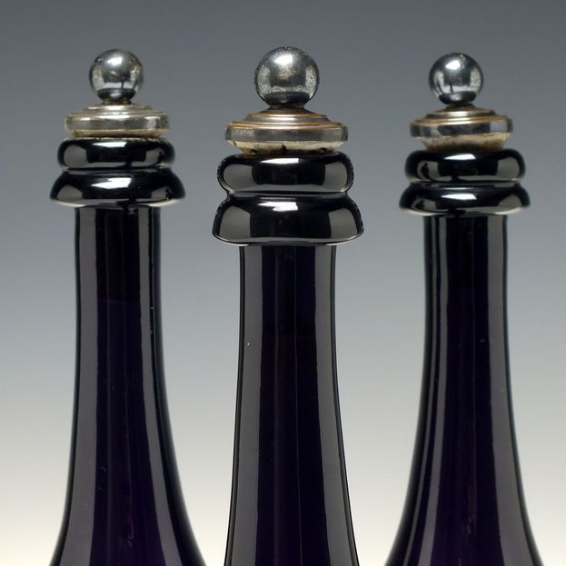 Set Of Three Antique 19th Century Victorian Amethyst Glass Serving Decanter Bottles C1830 photo for sale