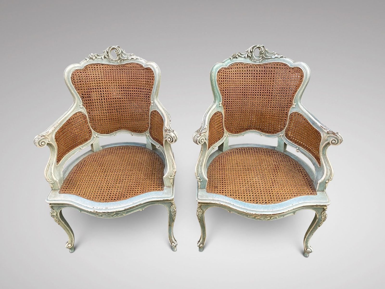 Pair Of 19th C French Painted Cane Armchairs photo furniture
