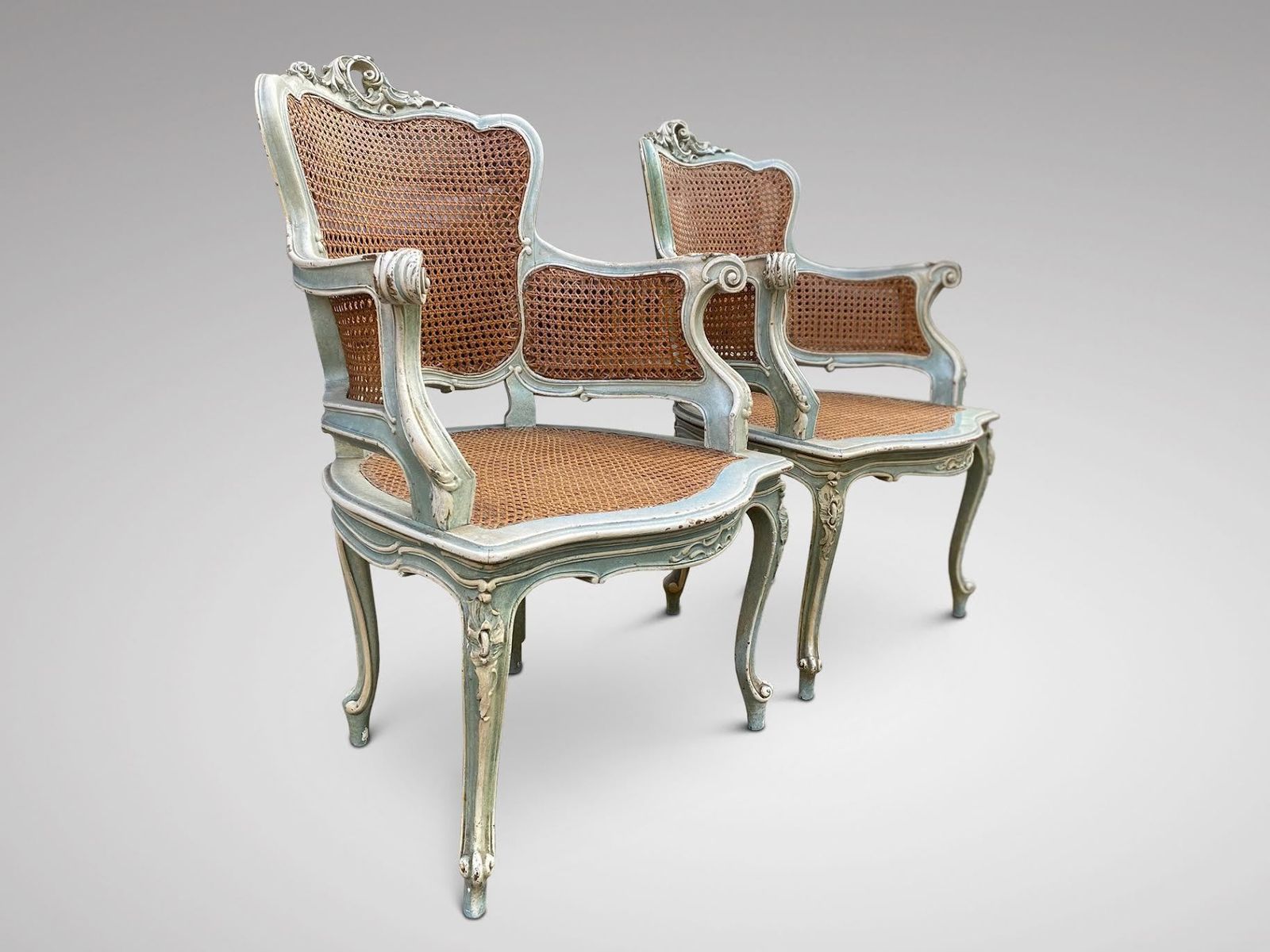 Pair Of 19th C French Painted Cane Armchairs photo vinterior