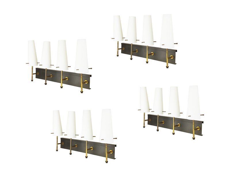 Black Metal Brass And Opaline Glass 4 Light Wall Lamps  Set Of 5 photo vintage