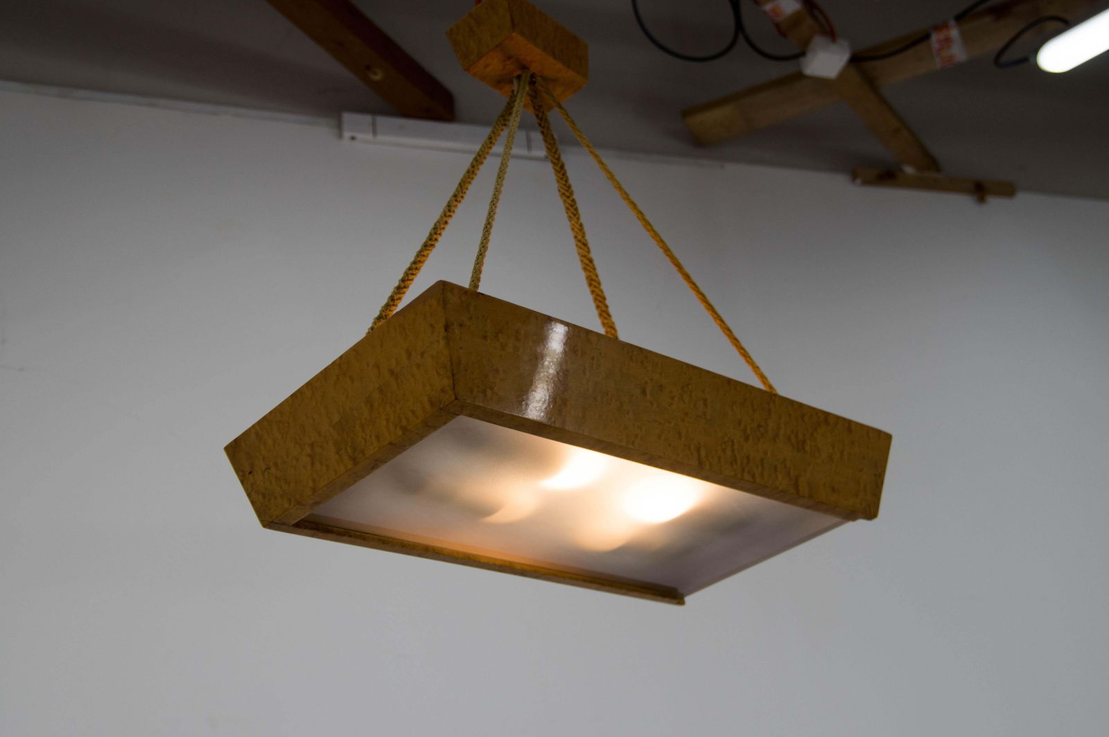 Mid Century Wood And Glass Chandelier By Krasna Jizba, 1950s photo for sale