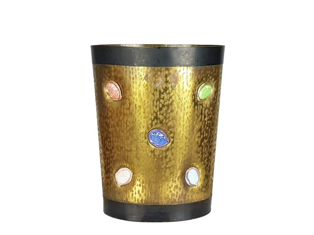 Mid Century Italian Black Metal Engraved Brass And Ceramic Umbrella Stand 1950s