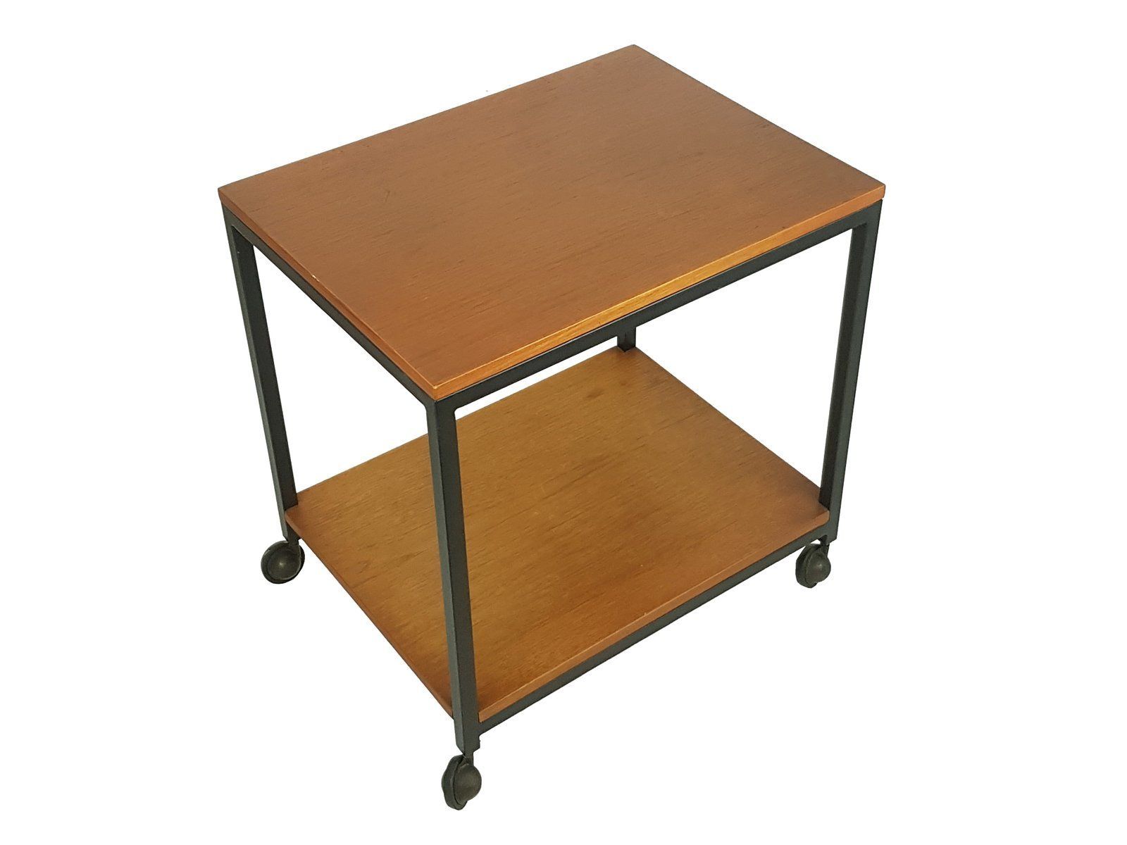 Small Mid Century Modern Black Metal And Teak Wood Serving Table On Wheels photo furniture