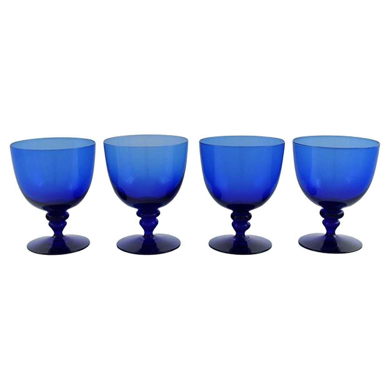 Monica Bratt For Reijmyre, Four Wine Glasses In Blue Mouth Blown Art Glass photo vinterior
