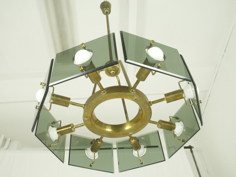 Brass & Smoked Glass 8 Light By Gino Paroldo For Dino Dei, 1960s photo vinterior