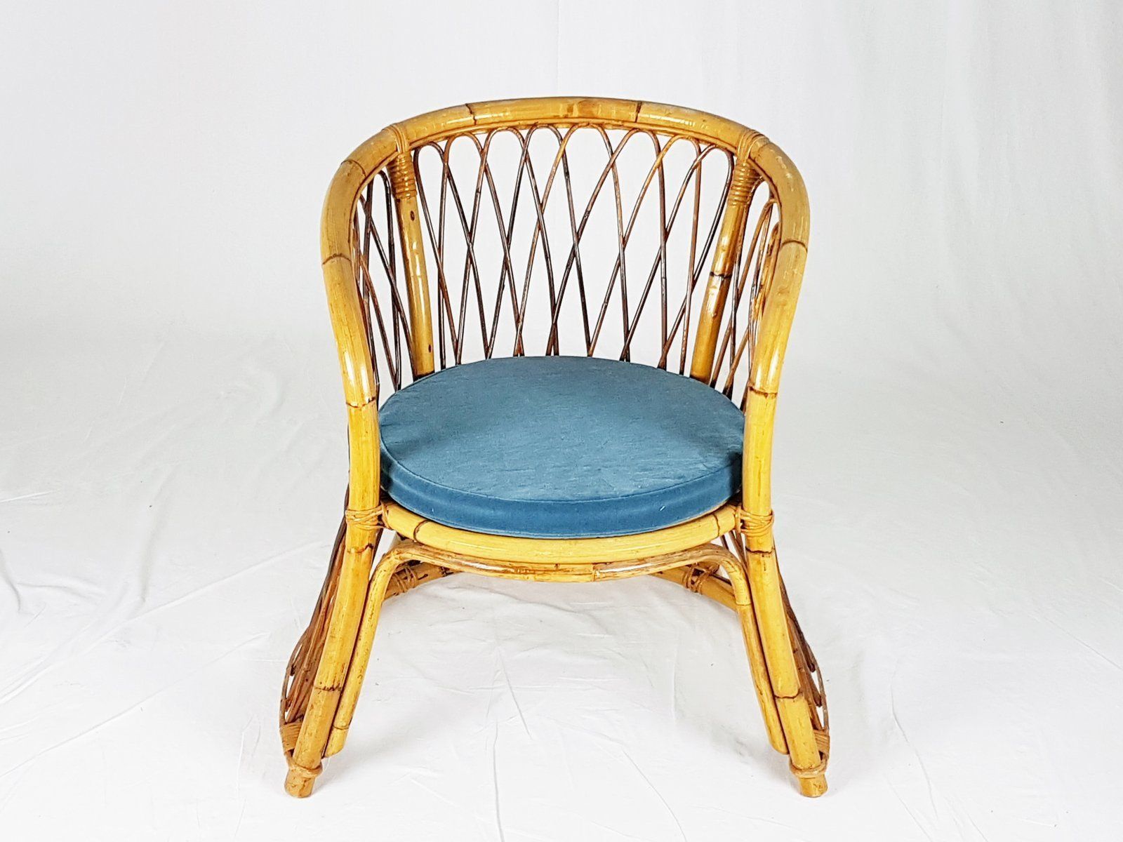 Rush, Rattan & Blue Velvet Armchair, 1960s photo for sale