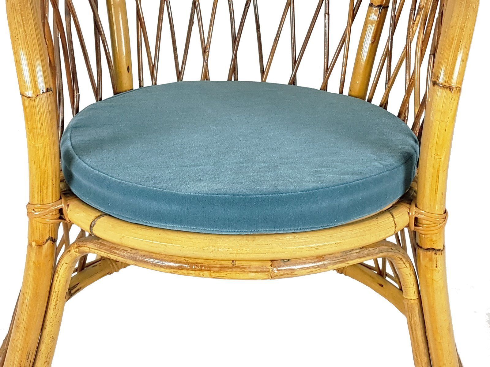 Rush, Rattan & Blue Velvet Armchair, 1960s photo Furniture