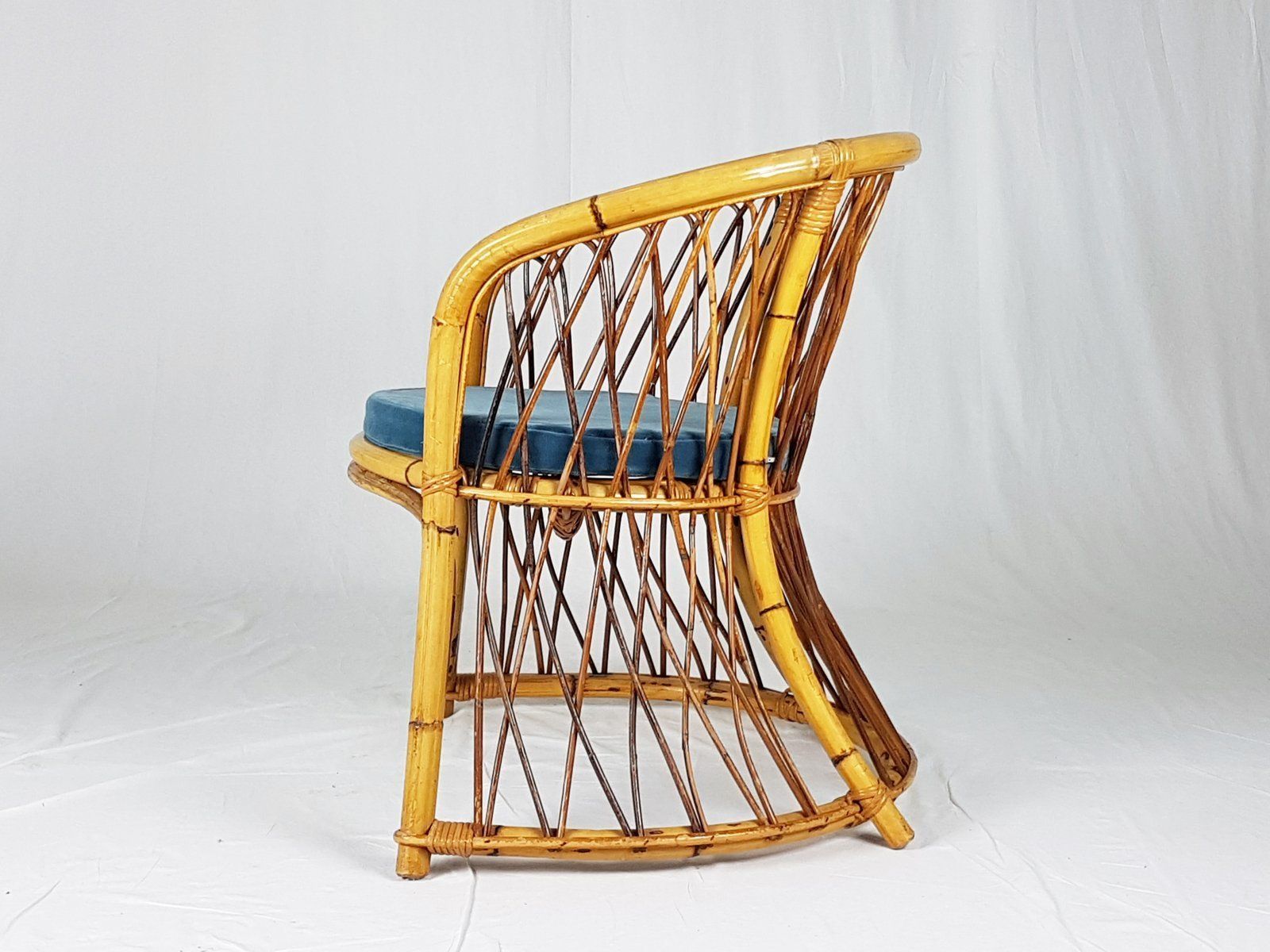 Rush, Rattan & Blue Velvet Armchair, 1960s photo buy